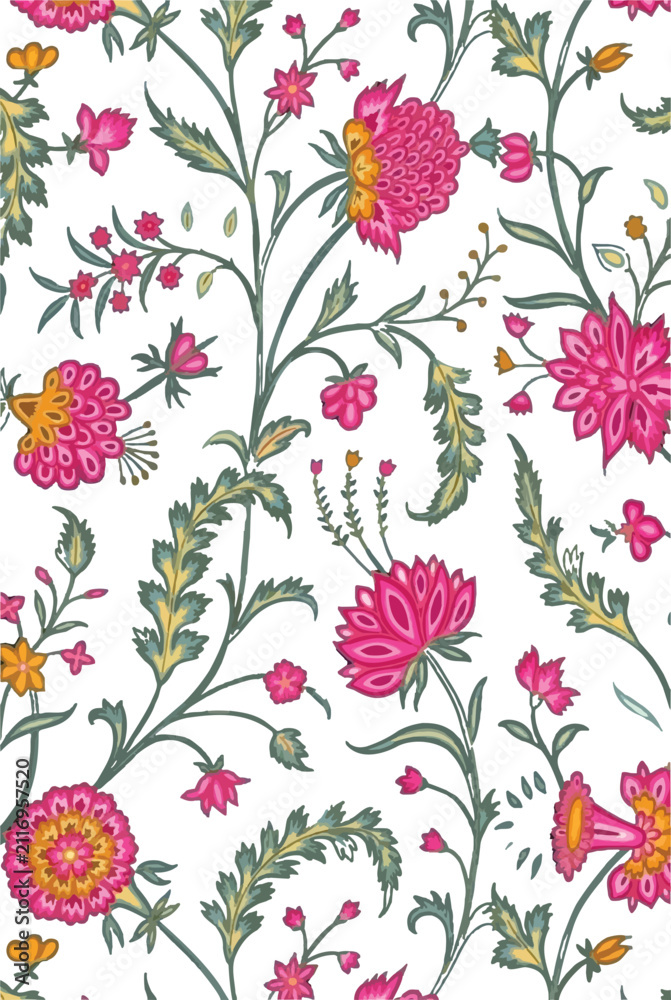 Fototapeta premium Elegant Chintz Floral Vine Seamless Pattern, Delicate Pink Indian Botanical Vector Artwork for Fabric Print