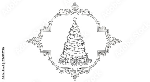 Elegant Christmas Tree with Presents Inside Ornate Frame - Line Art