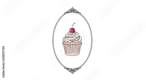 Elegant Cupcake with Cherry in Ornate Oval Frame - Sweet Treat