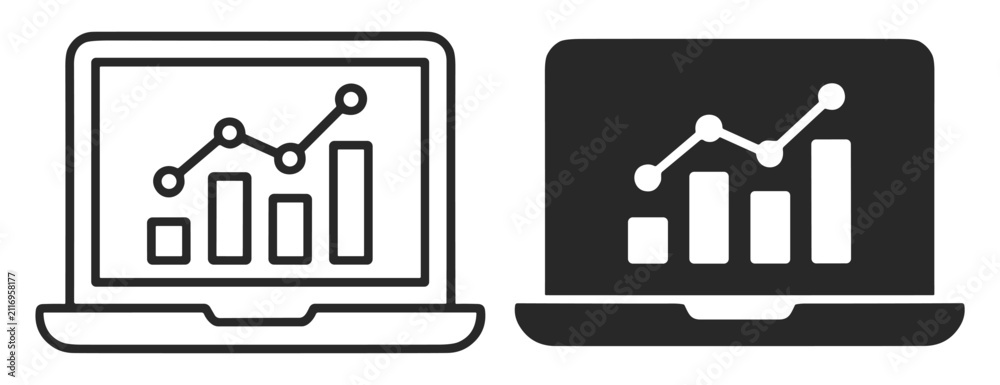 Obraz premium Line and bar graph analytics displayed on laptop screen icons in black and white on transparent background