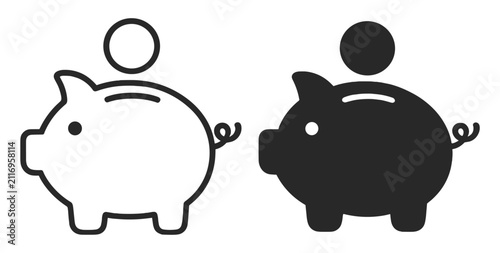 Black and white piggy bank icons with coins being inserted representing saving money and financial security on transparent background