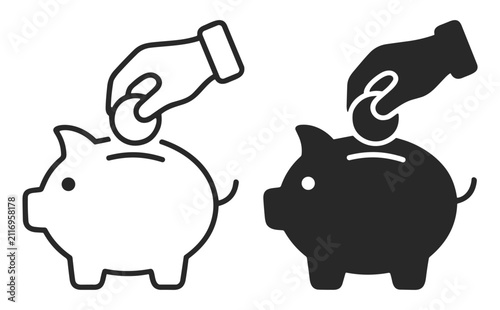 Hand putting coin into piggy bank line and solid icon set for saving money and finance on transparent background