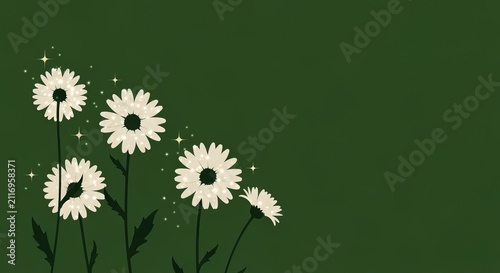 Minimalist daisy silhouettes with painterly strokes and delicate sparkles, deep green background, special occasion vibe