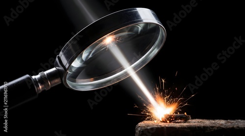 A magnifying glass focuses a concentrated beam of light to create sparks, symbolizing how relentless focus and deep scrutiny ignite groundbreaking ideas and creative breakthroughs.