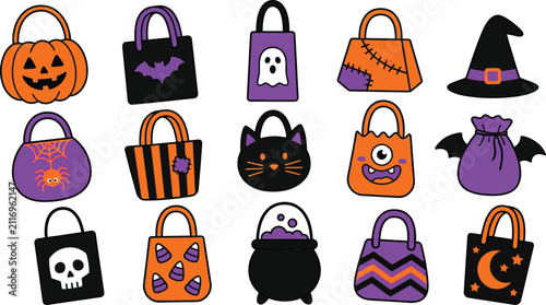 фотографія Set of colorful halloween trick or treat bags and spooky accessories for holiday