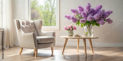 Serene Living Room with Upholstered Armchair, Wooden Coffee Table, and Vibrant Lilac Bouquets
