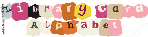 Library card alphabet typographic text design made of colorful paper cutouts