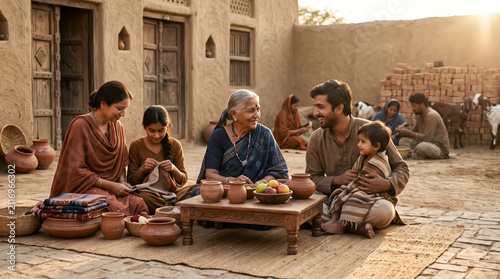 Generations of a South Asian family sharing a moment outdoors in a village setting