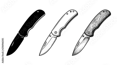 Three folding pocket knives side by side, contrasting silhouette, outline, and textured shading styles to highlight artistic rendering differences