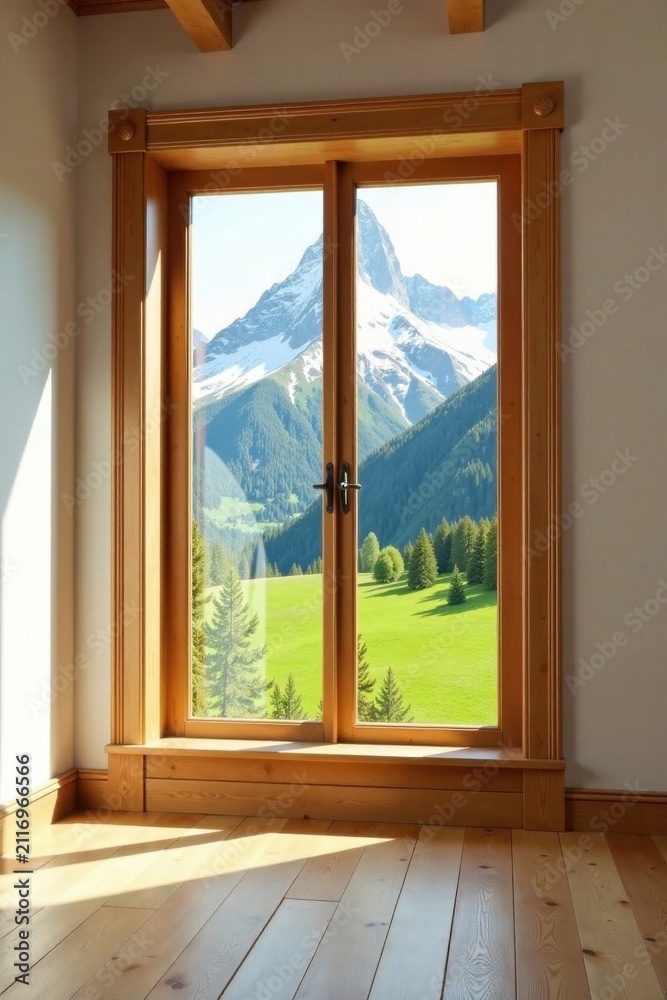 Fototapeta premium Scenic Mountain View Through a Rustic Wooden Double Door Window in a Light-Filled Room