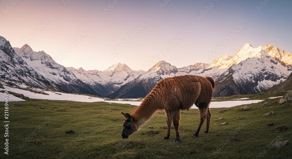 Naklejka premium Llama grazing on an alpine meadow with snow-capped mountains, golden hour, soft light