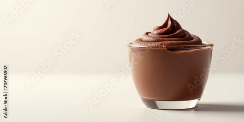 A delectable swirl of rich chocolate pudding, elegantly presented in a clear glass, against a minimalist off-white background.