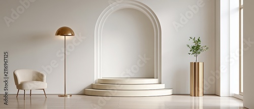 Elegant Minimalist Interior with Arch Design, Stylish Chair, Floor Lamp, and Decorative Plant in Calm Atmosphere