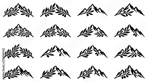 Mountain Range with Olive Branch Vector Icon Set, Natural Botanical Mediterranean Olive Oil Emblem Collection Isolated on White Background for Outdoor Eco Travel Brand Logo Design