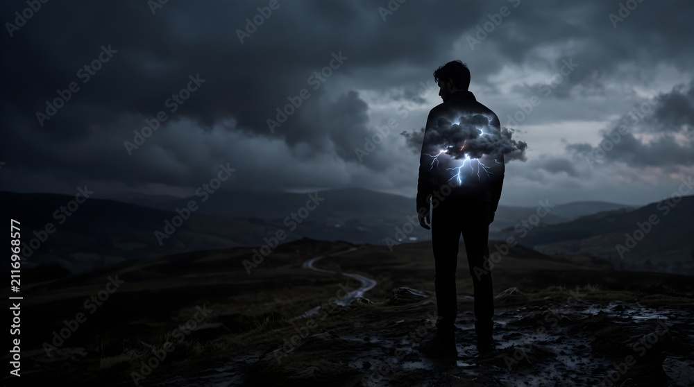 Obraz premium Mental Health Depression Concept with lonely man standing on dark mountain hill carrying storm clouds and lightning inside his body