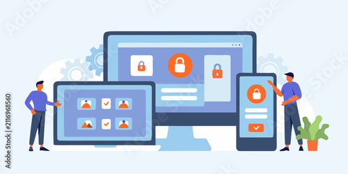 cross device user authentication flat vector illustration cross device login security design devices computer tablet phone people icons lock gears interface technology digital access
