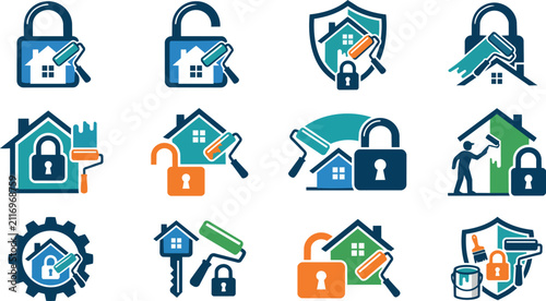 Collection of professional vector illustration icons featuring house painting tools and security padlocks for home renovation services presented in vibrant colorful styles on transparent background