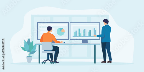 Bild auf Leinwand two professionals working at desk flat vector illustration office scene collabor