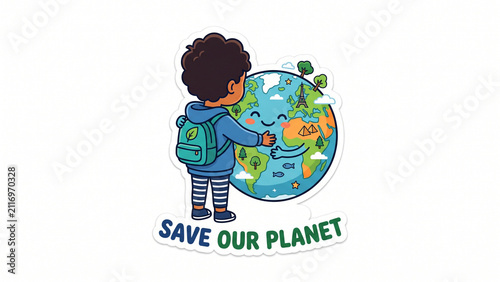 Child Hugging Planet Earth Save Our Planet Concept Illustration
