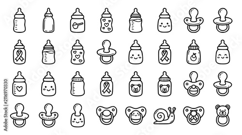Canvastavla Cute Baby Feeding Bottles and Pacifiers Line Icon Set Featuring Newborn Soothers