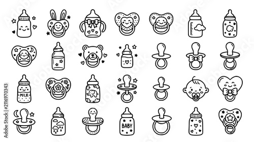 Canvastavla Cute Baby Feeding Bottles and Pacifiers Line Icon Set Featuring Feeding Accessor