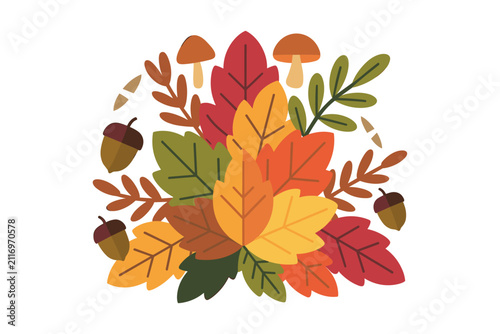 Autumn foliage vector illustration with colorful oak leaves maple leaves forest mushrooms and small acorns on a clean white background for design