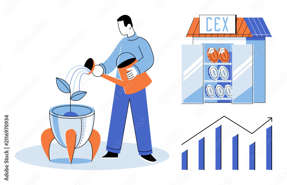Fototapeta premium Man watering a rocket plant and crypto exchange vector illustration. Business growth, startup development, investment strategy, financial success, digital currency, market analysis. Entrepreneur