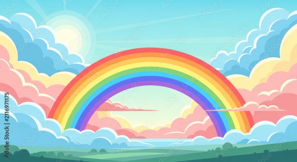 Obraz premium Vibrant Rainbow Arching Over Dreamy Clouds and Green Landscape.