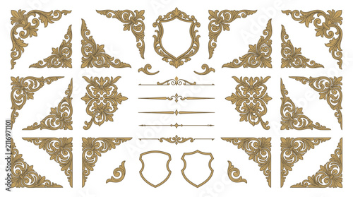 Ornate decorative dividers, corners, and crest elements in antique gold.
