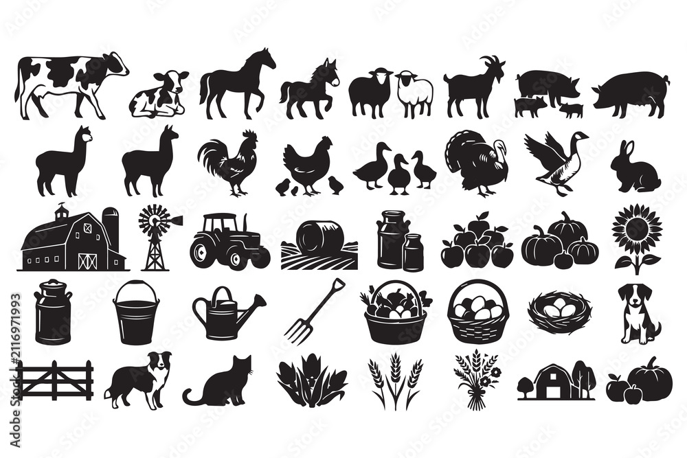Obraz premium Cartoon Wild and Farm Animals Vector Collection with Lion Horse Cow Pig Sheep Cat Dog Bird Icons and Silhouettes for Design Illustration