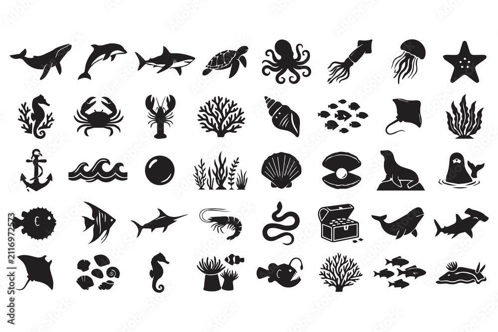 Obraz premium Animals Icons Set, Black Vector Silhouette Collection of Birds, Butterflies and Wildlife Symbols with Floral Nature Elements for Decoration, Pattern and Graphic Design