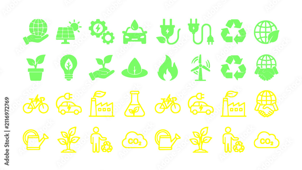 Fototapeta premium Modern eco icon collection featuring renewable energy, recycling, electric vehicles, and green living.