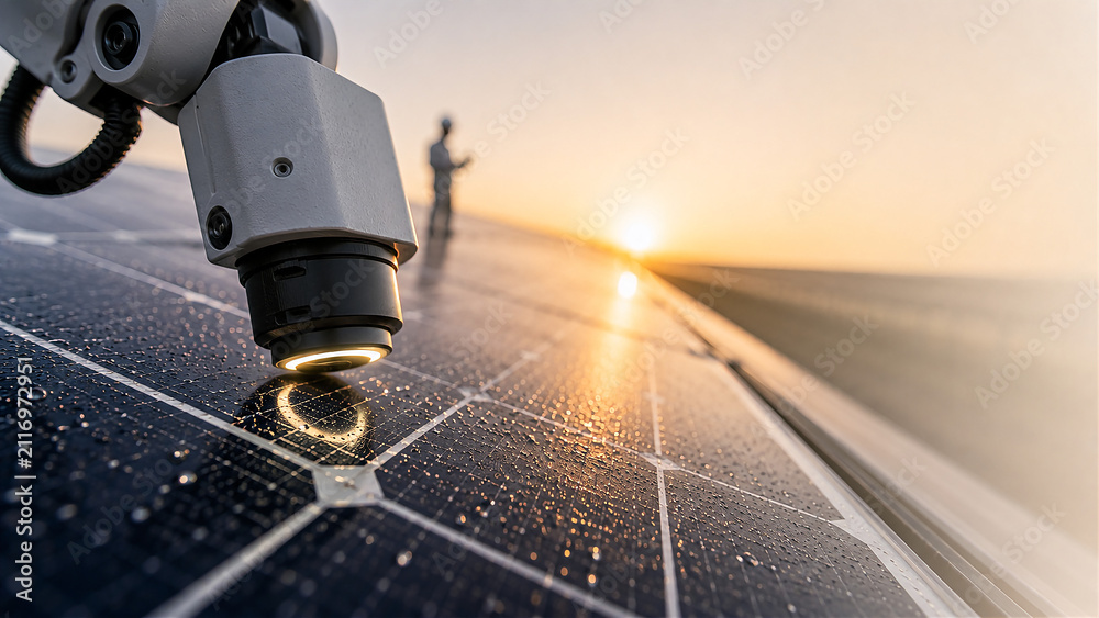 Fototapeta premium A robotic arm with inspection light examines wet solar panels at sunrise, symbolizing advanced robotics, renewable energy innovation, and efficiency in sustainable power systems.