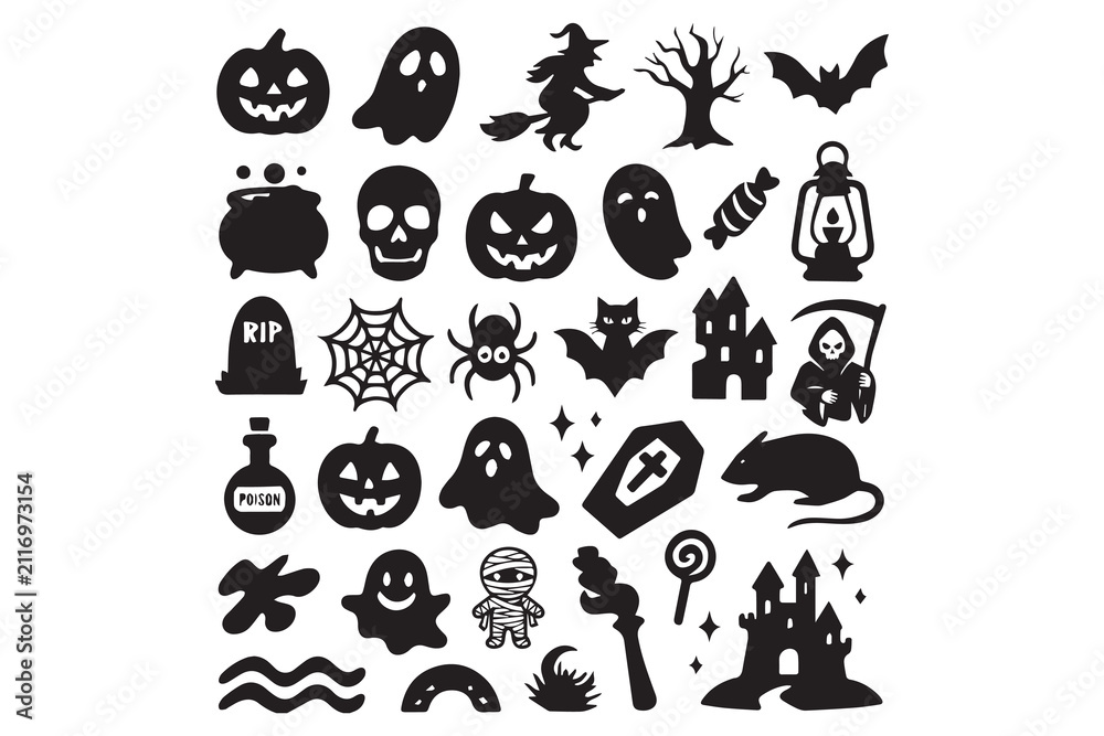 Fototapeta premium Cute Halloween Animal Icons Set, Funny Cartoon Cat, Bat, Ghost, Pumpkin and Monster Vector Illustration Collection for Holiday Design, Seamless Pattern, Doodle and Decorative Elements