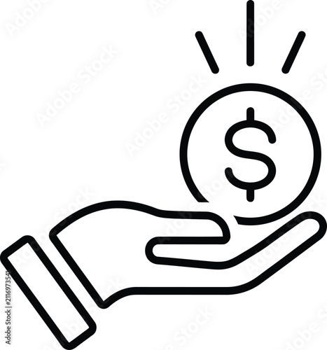 Linear symbol of a hand holding a coin representing savings or financial gain with investment