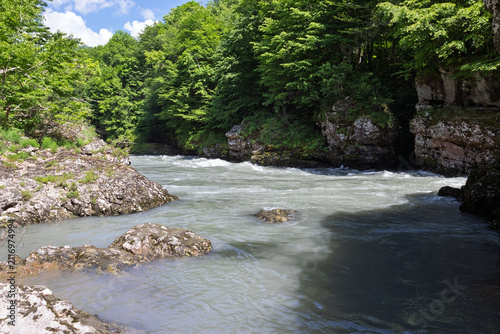 Canvastavla summer period - granite canyon of a mountain river, walking along a stone riverb