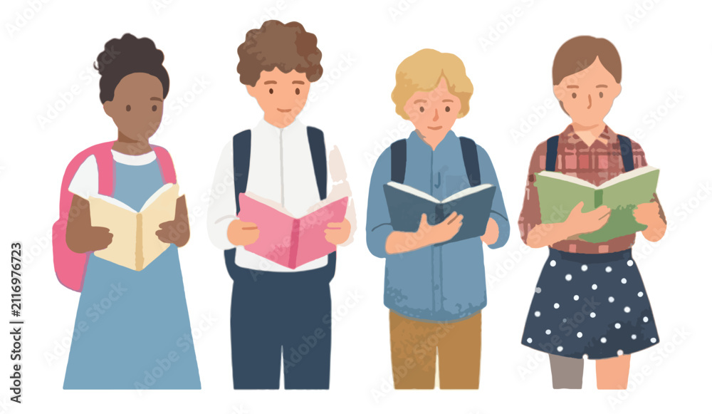 Fototapeta premium Diverse Group of School Students Standing and Reading Books Vector Illustration Isolated on White Background