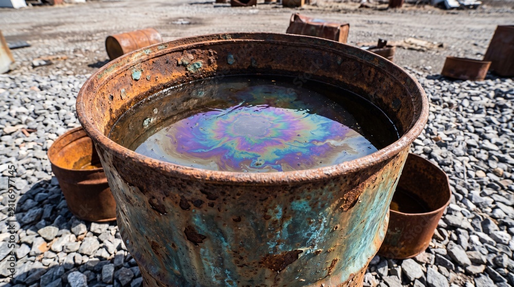Fototapeta premium Iridescent Oil Slick on Water Inside a Rusty Metal Barrel