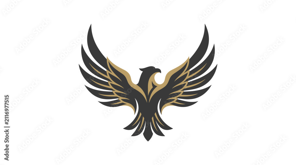 Fototapeta premium Golden eagle symmetry logo with uplifted wings.