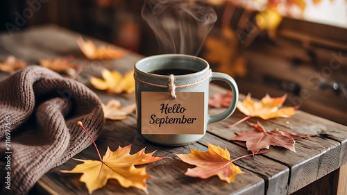 Hello september coffee mug with autumn leaves on rustic wooden table