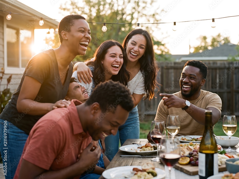 Obraz premium Group of diverse happy friends laughing together during an outdoor backyard dinner party at sunset