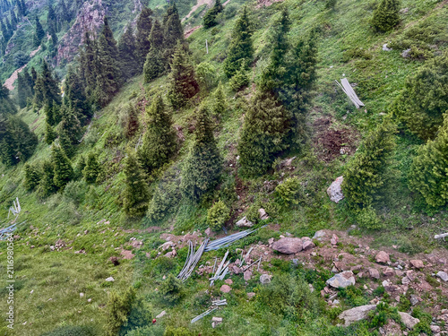 Metal construction on a mountain slope at Shymbulak Resort, Kazakhstan