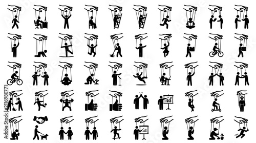 Bild auf Leinwand Puppet Master Controlling Everyday People Activities Silhouette Icon Set for Psy