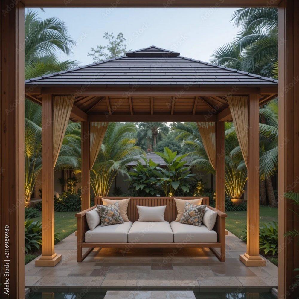 Fototapeta premium An open-air garden gazebo with a comfortable teak wood sofa, surrounded by lush tropical palm trees and ambient lighting
