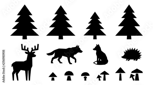 Photography Forest Wildlife Silhouette Icon Set with Wild Animals and Pine Trees for Nature