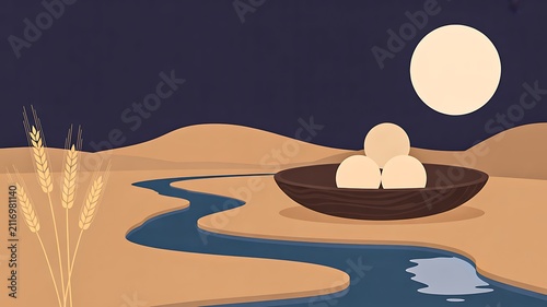 Minimal autumn festival landscape with full moon river wheat and traditional rice dumplings illustration