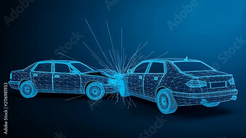 Abstract blue wireframe cars colliding with digital crash simulation background