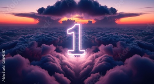 Glowing Neon Number One Floating Above Dreamy Clouds at Sunset.