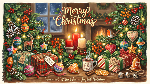 Hand-painted gouache Christmas collection with pine branches, ornaments, candles, gifts, berries and festive decorations, cozy holiday atmosphere, rich painted texture, greeting card design