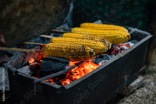 Grilled Corn On The Cob Over Charcoal Grill Street Food Barbecue Summer Snack